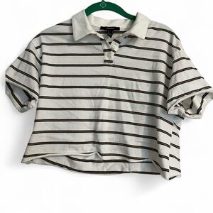 Forever 21 Women’s Cream Cropped Polo Shirt with Black and Gold Stripes Small